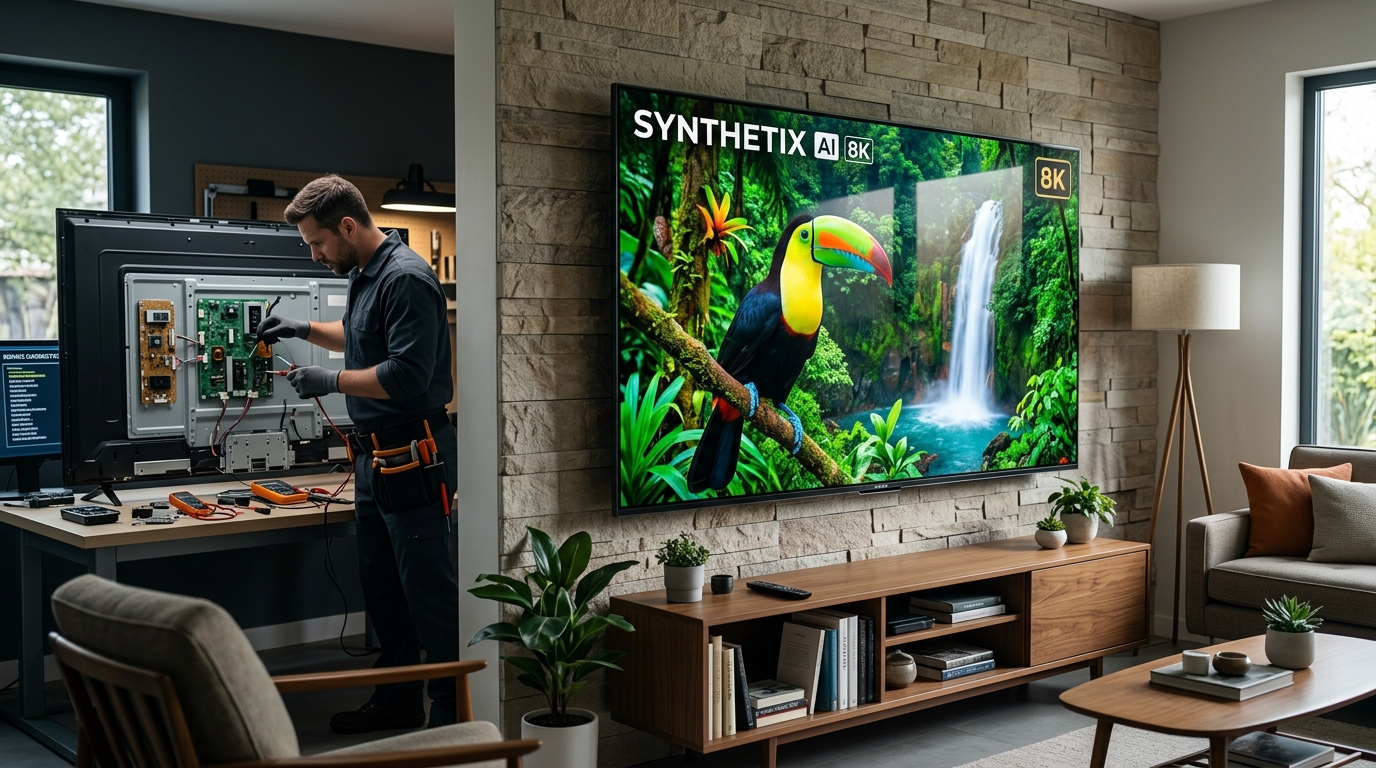 TV repair workshop with professional tools and equipment